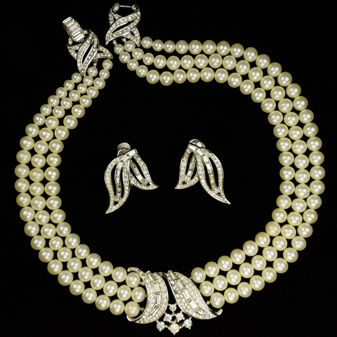 Trifari 'Alfred Philippe' Triple Stranded Pearls and Pave and Baguette Swirls Necklace and Screwback Earrings Set