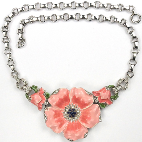 Trifari 'Alfred Philippe' 'Rue de la Paix' Pink Enamelled Primrose or Poppy Necklace