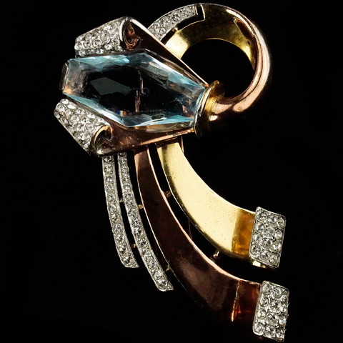 Trifari 'Alfred Philippe' Rose and Yellow Gold Deco Aquamarine and Pave Double Swirl Pin Clip