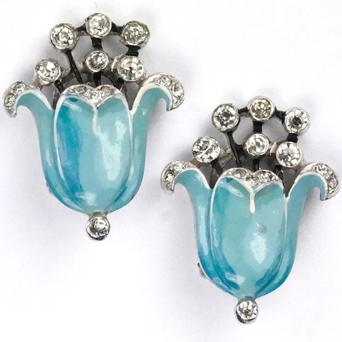 Trifari 'Alfred Philippe' Enamel and Rhinestone Flowering Blue Lily Clip Earrings
