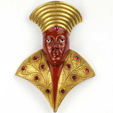 KTF Trifari 'Alfred Philippe' Gold Ruby Cabochons and Enamel Egyptian Pharaoh's Head Pin Clip