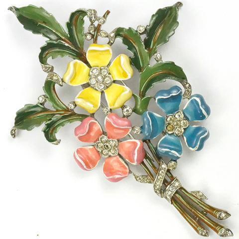 Trifari 'Alfred Philippe' Pink Yellow and Blue Tudor Roses Floral Spray Pin Clip
