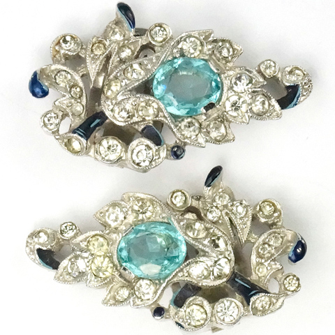 Trifari 'Alfred Philippe' Pave Aquamarine and Dark Blue Enamel Lily Floral Clip Earrings