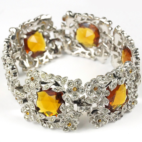 Trifari 'Alfred Philippe' Faceted Topaz with Pave Enamel and Citrine Scrolls and Flowers Wide Bracelet