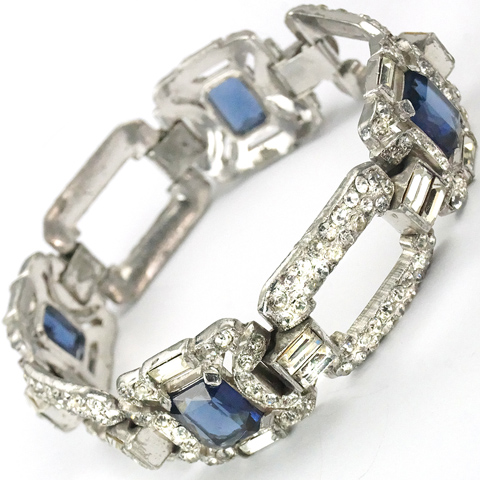 KTF Trifari 'Alfred Philippe' Pave Rectangles and Openwork Squares with Sapphires Deco Link Bracelet