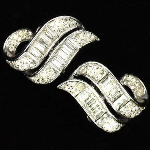 Trifari 'Alfred Philippe' 'Riviera' Pave and Baguette Serpentine Swirls Clip Earrings