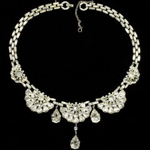 Trifari 'Alfred Philippe' Diamante Baguettes and Navette Flower Clusters Triple Pendant Choker Necklace