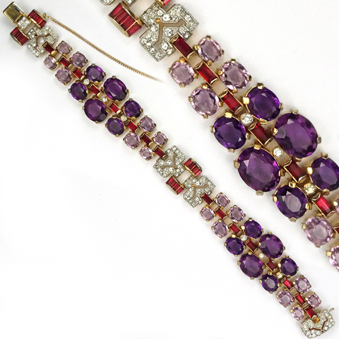 Trifari 'Alfred Philippe' Pave, Pink Topaz, Amethysts and Rubies Graduated Articulated Bracelet