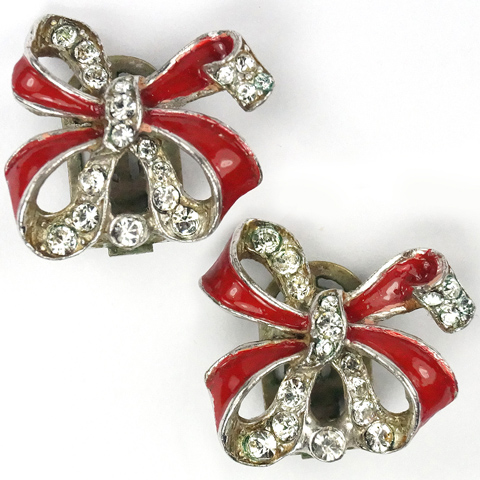 Trifari 'Alfred Philippe' Pave and Red Enamel Bow Clip Earrings