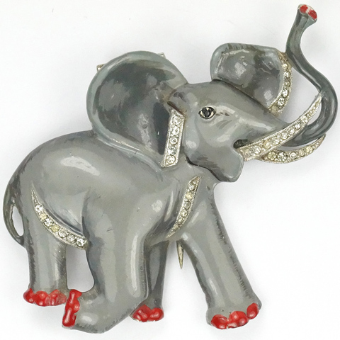 Trifari 'Alfred Philippe' Pave and Enamel Grey Trumpeting Charging African Elephant Pin Clip