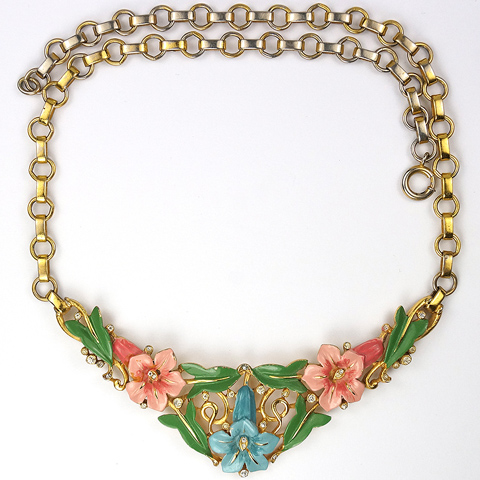 Trifari 'Alfred Philippe' Pink and Blue Lillies and Leaves Enamelled Floral Spray Necklace