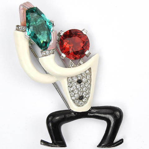 Trifari 'Alfred Philippe' Pave Enamel Ruby and Emerald Jazz Age Barman with Cocktail Shaker Pin Clip