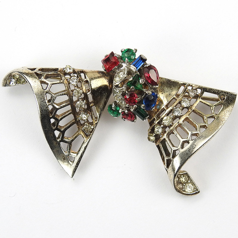 Trifari Sterling 'Alfred Philippe' 'Riviera' Series Tricolour Stones Double Scrolled Fan Pin