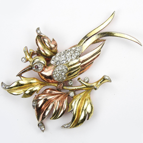 Trifari 'Alfred Philippe' Large Pave and Two Colour Gold Bird on a Branch Pin Clip