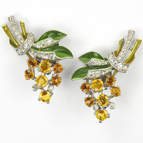 Trifari 'Alfred Philippe' Pave and Enamel Leaves and Citrine and Topaz Flowers Clip Earrings