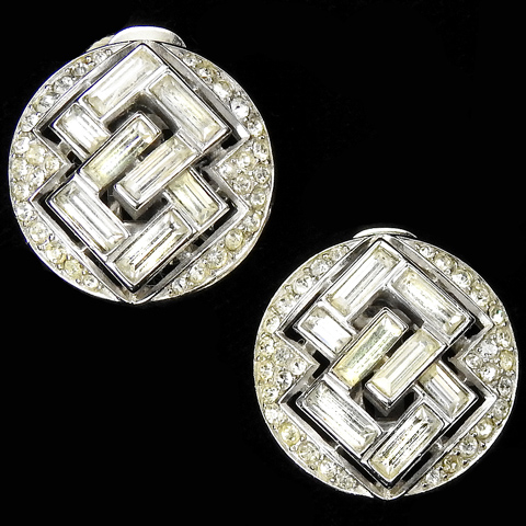 Trifari 'Alfred Philippe' Pave Buttons and Interlinked Baguette Clip Earrings