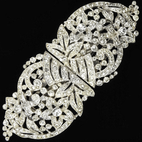 Trifari 'Alfred Philippe' Pave Deco Pave Five Petalled Flowers and Leaves Clipmate Pin or Pair of Dress Clips