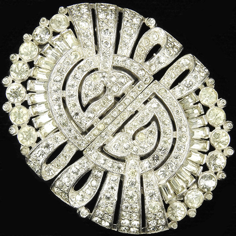 Trifari 'Alfred Philippe' Deco Pave and Baguette Semicircle Swirls Clipmate Dress Clips or Pin