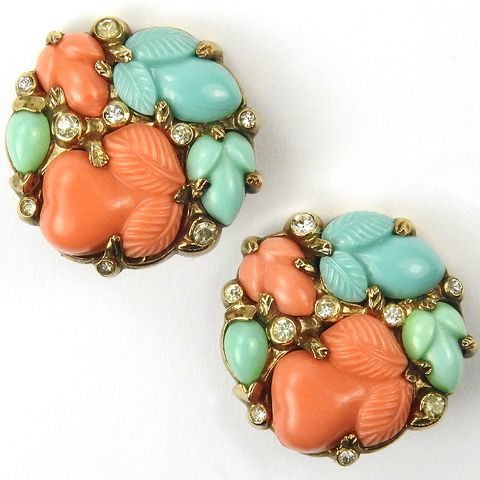 Trifari 'Alfred Philippe' 'Fragonard' Pastel Coral Jade and Turquoise Fruit Salads Smaller (5 Fruit Salads) Button Clip Earrings