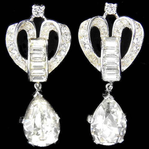 Trifari 'Alfred Philippe' Pave and Baguette Scrolls Royal Crown Pendant Clip Earrings