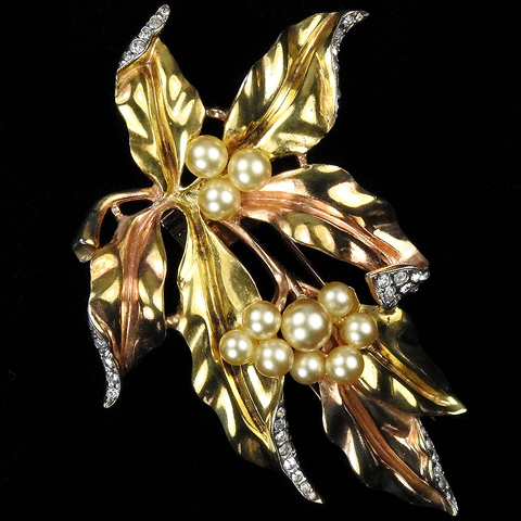 Trifari Sterling 'Alfred Philippe' Pave and Two Colour Gold Pearl Berries and Leaves Pin Clip