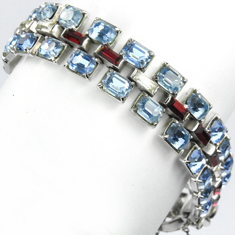 Trifari 'Alfred Philippe' WW2 US Patriotic Blue Topaz Ruby and Diamante Red White and Blue Baguettes Bracelet