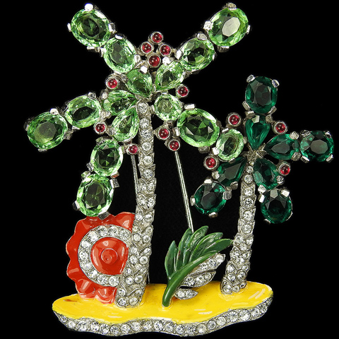Trifari 'Alfred Philippe' Pave Enamel Peridot and Emerald Palm Trees on a Tropical Desert Island Pin Clip