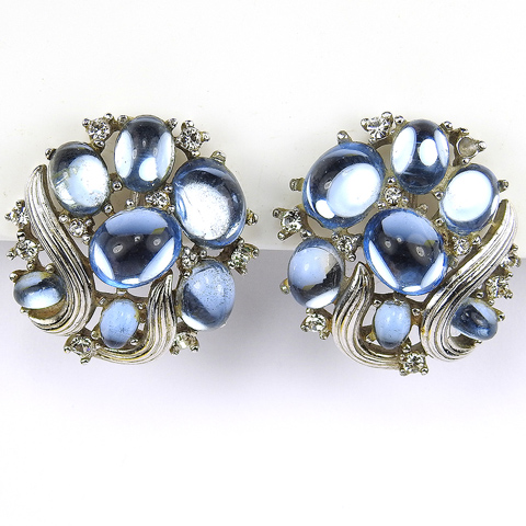 Trifari 'Alfred Philippe' 'Reflections' 'Jewels of Fantasy' Gold Swirls and  Blue Mirrored Cabochons Clip Earrings