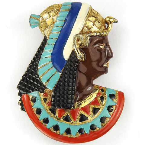 Trifari 'Alfred Philippe' Gold and Enamel Egyptian Pharaoh in Profile with Bird Headdress Pin Clip