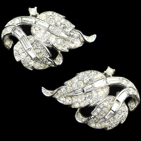 Trifari 'Alfred Philippe' Pave and Baguettes Double Leaf Swirl Clip Earrings