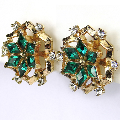 Trifari 'Alfred Philippe' Gold Diamante Spangles and Emeralds Six Pointed Star Clip Earrings