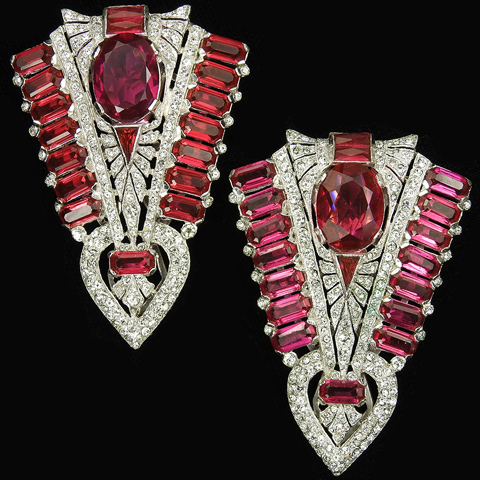 KTF Trifari 'Alfred Philippe' Deco Pave and Ruby Pair of Chevron Dress Clips