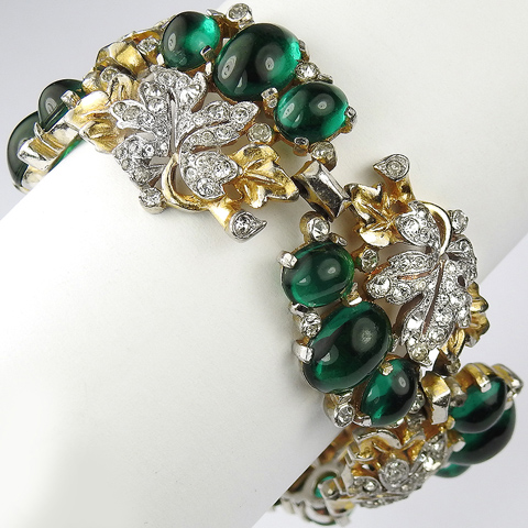 Trifari 'Alfred Philippe' Gold and Pave Leaves and Emerald Berry Clusters Six Link Bracelet