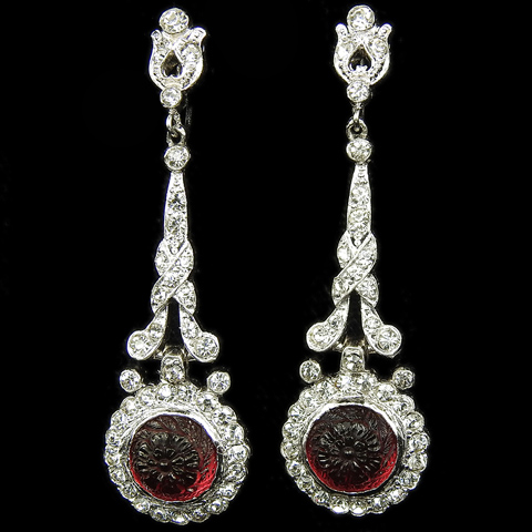 KTF Trifari 'Alfred Philippe' Pave Scrolls and ruby Fruit Salads Pendant Screwback Earrings