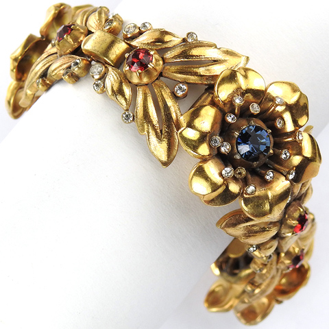 Trifari 'Alfred Philippe' 'Regence' Gold Sapphires and Rubies Spangled Roses Three Element Bracelet