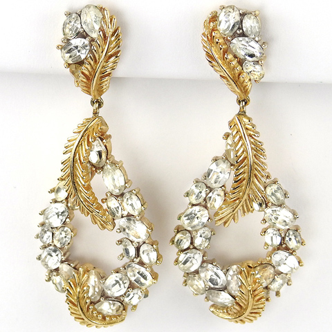 Trifari 'Alfred Philippe' Gold Leaves and Diamante Pendant Wreath Clip Earrings 