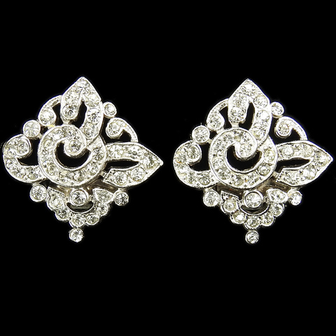 Trifari 'Alfred Philippe' Pave Flower Circles Pattern Square Button Clip Earrings