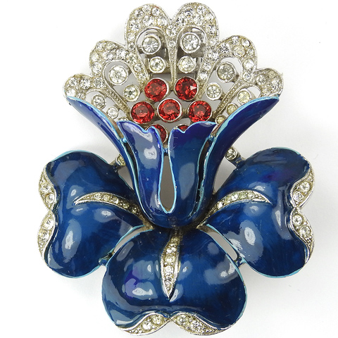 Trifari 'Alfred Philippe' Pave Rubies and Blue Enamel  Large Lotus Flower Pin Clip
