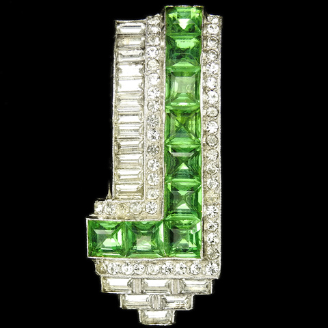 KTF Trifari 'Alfred Philippe' Pave Baguettes and Invisibly Set Peridot Deco Reverse L Shape Dress Clip