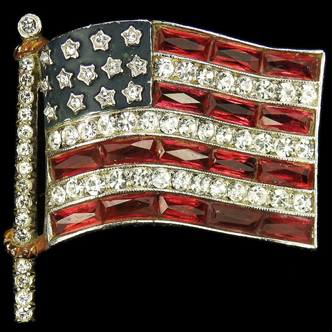 Trifari 'Alfred Philippe' WW2 US Patriotic Pave Blue Enamel and Open Back Ruby Baguettes Fluttering Medium (Four Stripes) Stars and Stripes Flag Pin