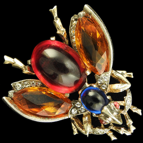 Trifari Sterling 'Alfred Philippe' Citrine Sapphire and Ruby Cabochon Belly Bug Pin