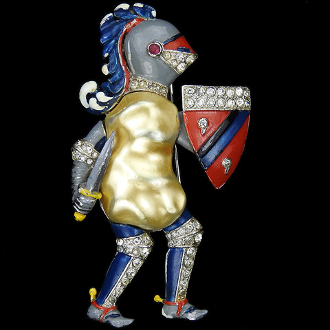 Trifari 'Alfred Philippe' Pave Enamel and Pearl Belly Armour Medieval Knight with Shield Dagger and Helmet Pin Clip