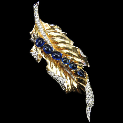 Trifari Sterling 'Alfred Philippe' Sapphire Cabochon Caterpillar on A Gold and Pave Leaf Pin Clip