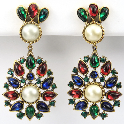 Trifari 'Alfred Philippe' 'Song of Persia' Tricolour Cabochons and Pearls Pendant Clip Earrings
