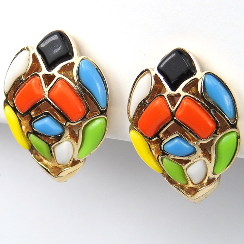Trifari 'Modern Mosaics' Multicolour Fruitdrop Poured Glass Oval Button Clip Earrings