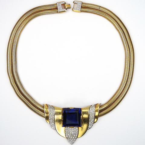 Trifari 'Alfred Philippe' Gold Pave and Square Cut Sapphire Modern 'Swing' Style Necklace