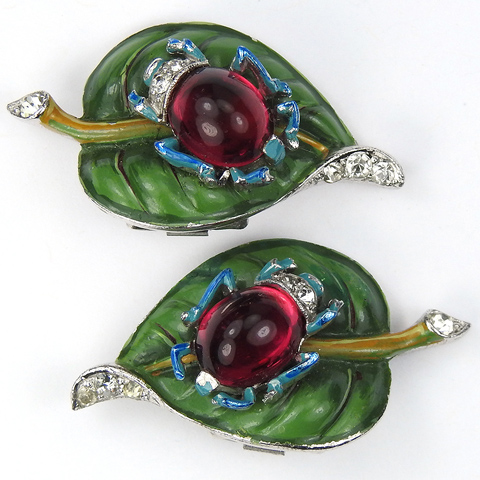 Trifari 'Alfred Philippe' Ruby Cabochon and Enamel Ladybug on a Green Enamel Leaf Clip Earrings