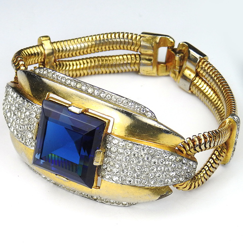 Trifari 'Alfred Philippe' Gold Pave and Square Cut Sapphire Modern 'Swing' Style Bracelet
