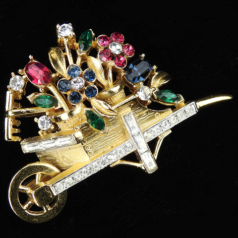 Trifari 'Alfred Philippe' Gold Pave and Multicolour Stones Wheelbarrow of Flowers with Garden Rake Pin