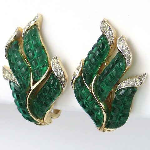 Trifari 'Alfred Philippe' Gold and Invisibly Set Emerald Leaf Clip Earrings